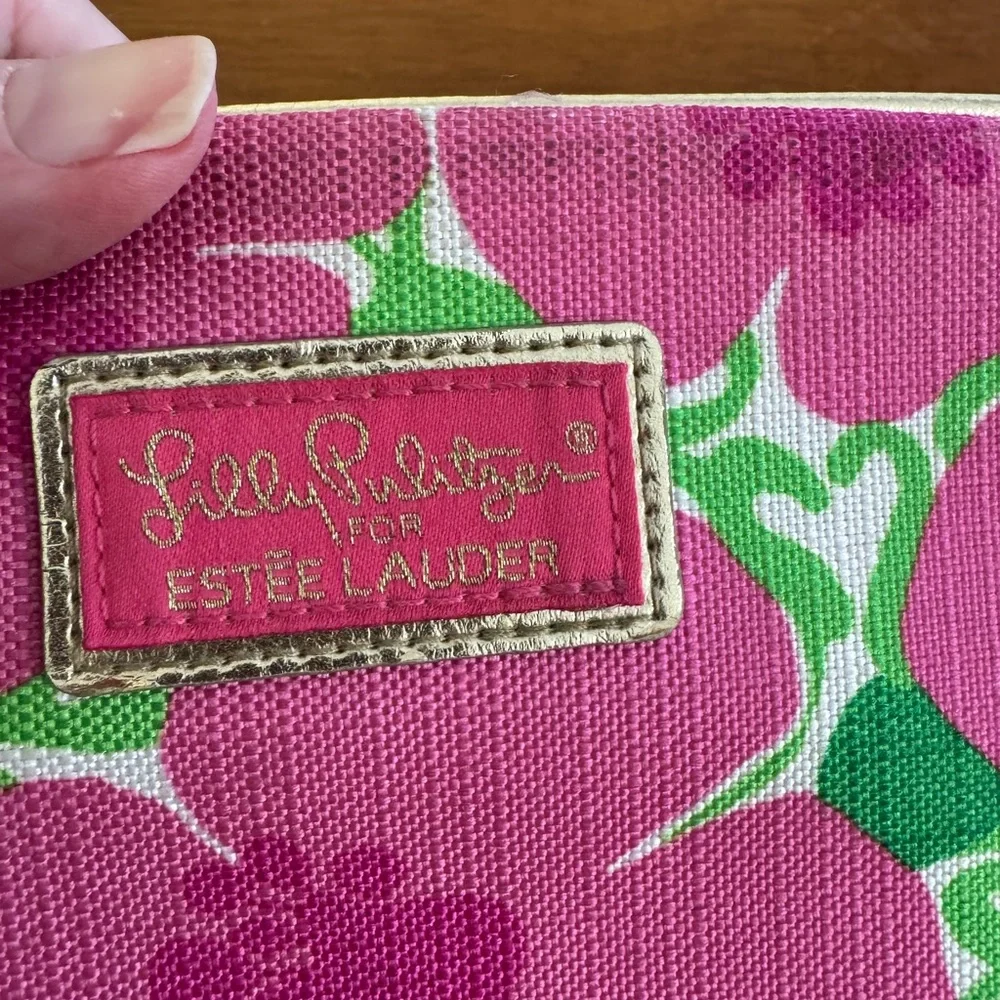 Lilly Pulitzer Estee Lauder Pink Green Floral Pouch cosmetics bag top zip 8x5x2